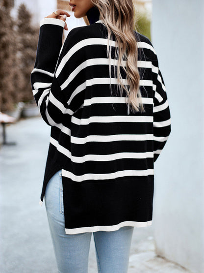 Sweaters- Slouchy Striped Drop Shoulder Turtleneck Sweater- - Pekosa Women Clothing