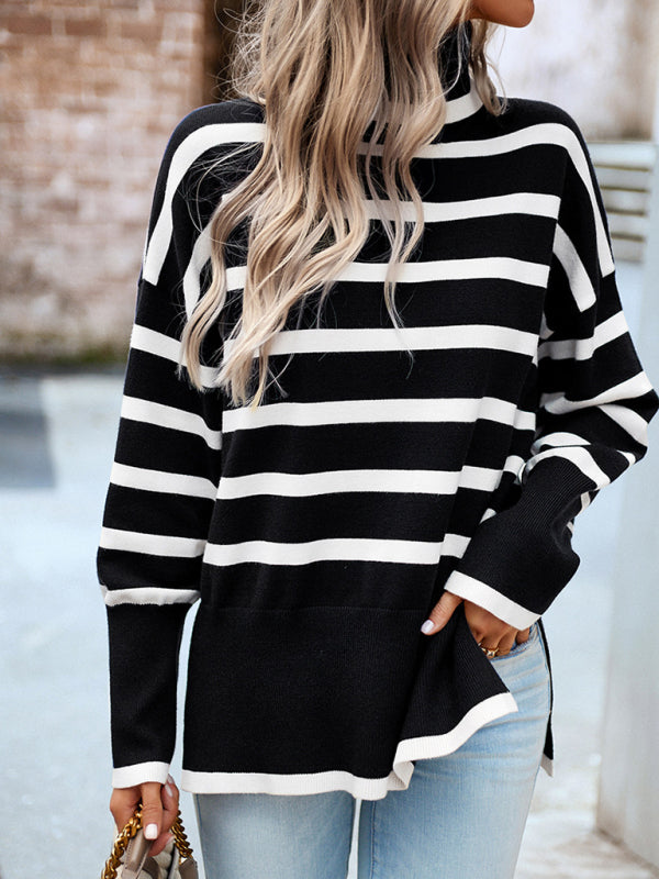 Sweaters- Slouchy Striped Drop Shoulder Turtleneck Sweater- - Pekosa Women Clothing