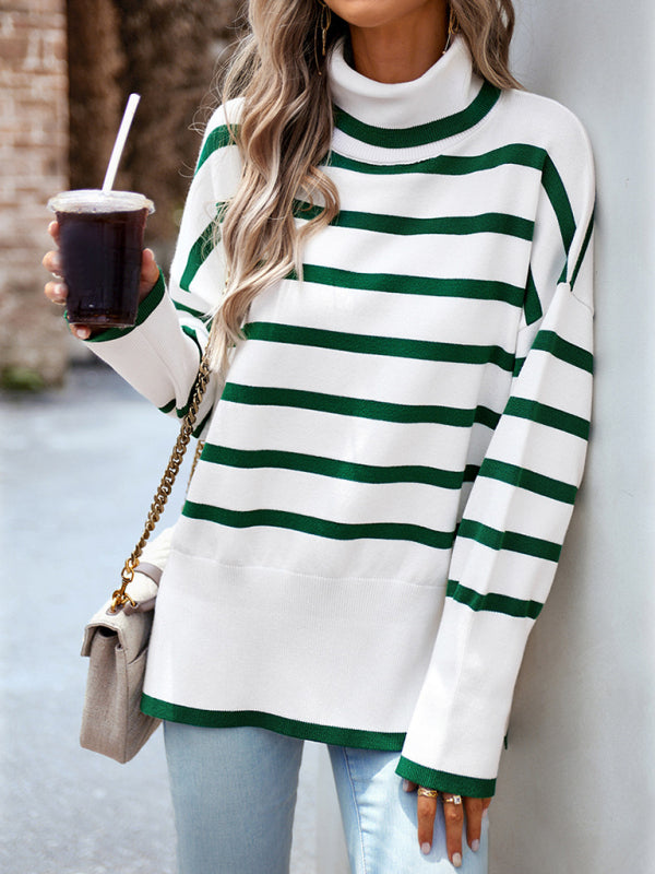 Sweaters- Slouchy Striped Drop Shoulder Turtleneck Sweater- Green- Pekosa Women Clothing