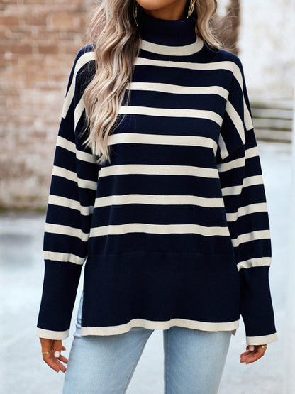 Sweaters- Slouchy Striped Drop Shoulder Turtleneck Sweater- - Pekosa Women Clothing