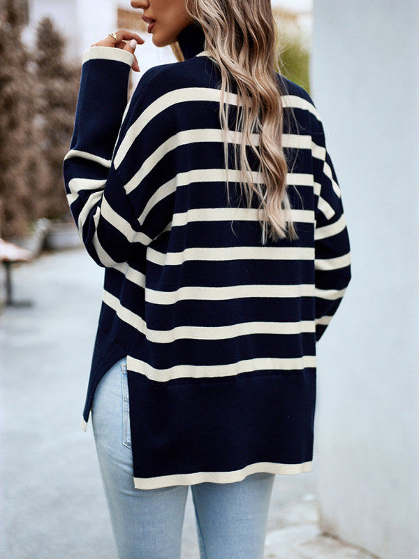 Sweaters- Slouchy Striped Drop Shoulder Turtleneck Sweater- - Pekosa Women Clothing