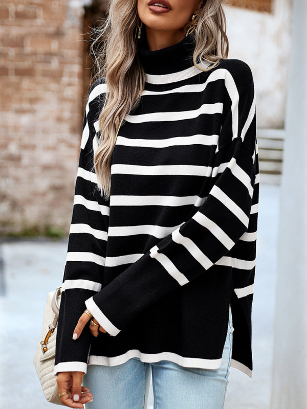 Sweaters- Slouchy Striped Drop Shoulder Turtleneck Sweater- - Pekosa Women Clothing