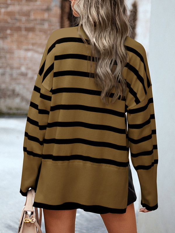 Sweaters- Slouchy Striped Drop Shoulder Turtleneck Sweater- - Pekosa Women Clothing