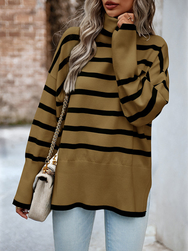 Sweaters- Slouchy Striped Drop Shoulder Turtleneck Sweater- - Pekosa Women Clothing