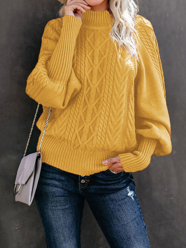 Sweaters- Solid Cable Knitted High Neck Sweater- Amber yellow- Pekosa Women Clothing