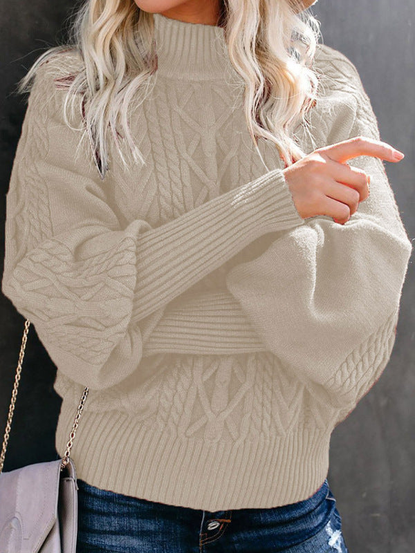 Sweaters- Solid Cable Knitted High Neck Sweater- - Pekosa Women Clothing