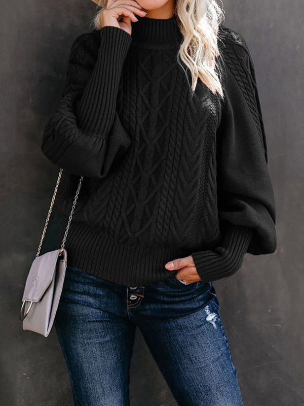 Sweaters- Solid Cable Knitted High Neck Sweater- Black- Pekosa Women Clothing