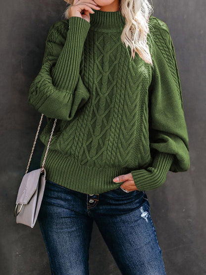 Sweaters- Solid Cable Knitted High Neck Sweater- Olive green- Pekosa Women Clothing