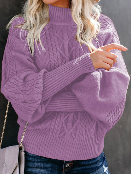 Sweaters- Solid Cable Knitted High Neck Sweater- - Pekosa Women Clothing