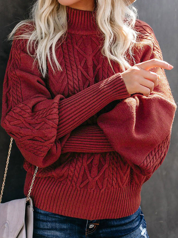 Sweaters- Solid Cable Knitted High Neck Sweater- - Pekosa Women Clothing