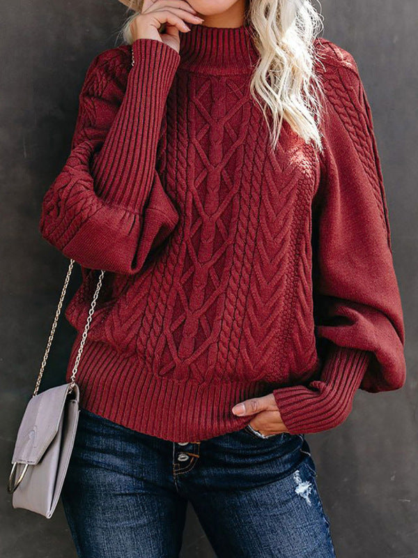 Sweaters- Solid Cable Knitted High Neck Sweater- - Pekosa Women Clothing