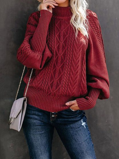 Sweaters- Solid Cable Knitted High Neck Sweater- Wine Red- Pekosa Women Clothing