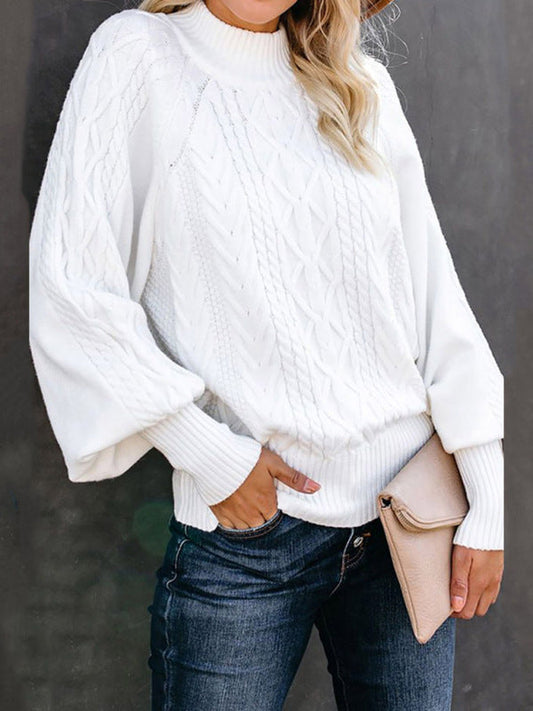 Sweaters- Solid Cable Knitted High Neck Sweater- White- Pekosa Women Clothing