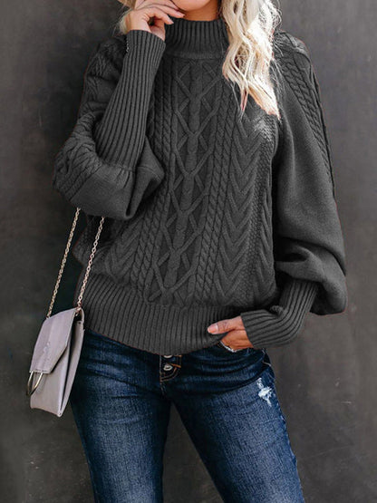 Sweaters- Solid Cable Knitted High Neck Sweater- Charcoal grey- Pekosa Women Clothing