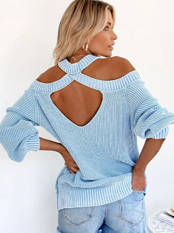 Sweaters- Solid Knit Cold-Shoulder Open Back Sweater Jumper- - Pekosa Women Clothing