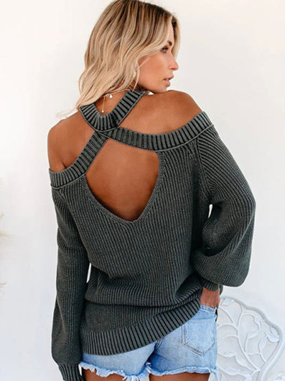 Sweaters- Solid Knit Cold-Shoulder Open Back Sweater Jumper- - Pekosa Women Clothing