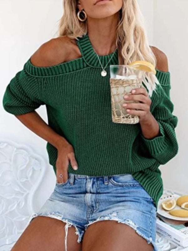 Sweaters- Solid Knit Cold-Shoulder Open Back Sweater Jumper- Green- Pekosa Women Clothing