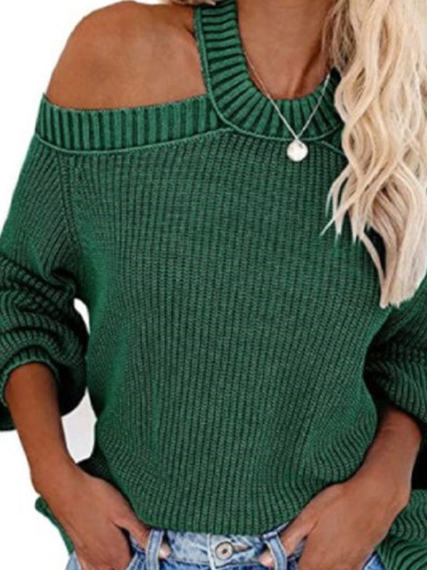 Sweaters- Solid Knit Cold-Shoulder Open Back Sweater Jumper- - Pekosa Women Clothing