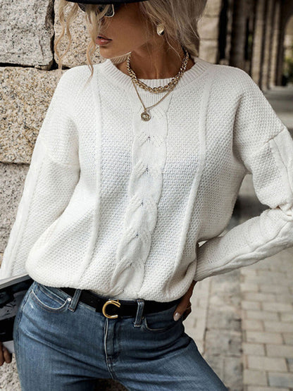 Sweaters- Solid Knitted Cable Drop Shoulder Sweater- - Pekosa Women Clothing