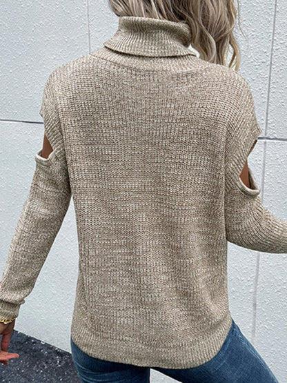 Sweaters- Solid Knitted Cold Shoulder Turtle Neck Sweater- - Pekosa Women Clothing