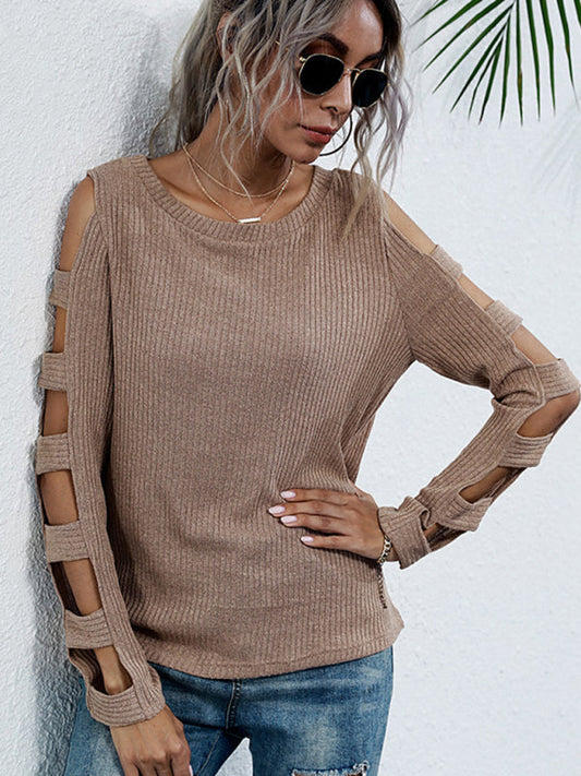 Sweaters- Solid Knitted Hollow Cold Shoulder Sweater- Khaki- Pekosa Women Clothing