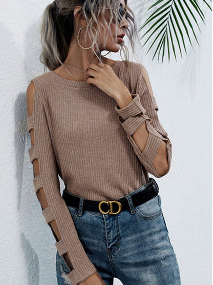 Sweaters- Solid Knitted Hollow Cold Shoulder Sweater- - Pekosa Women Clothing