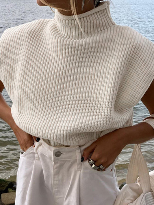 Sweaters- Solid Knitted Turtleneck Dolman Cap Sleeve Sweater Top- White- Pekosa Women Clothing