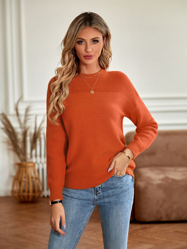 Sweaters- Solid Waffle Knitted Long Sleeve Pullover Sweater- Orange- Pekosa Women Clothing
