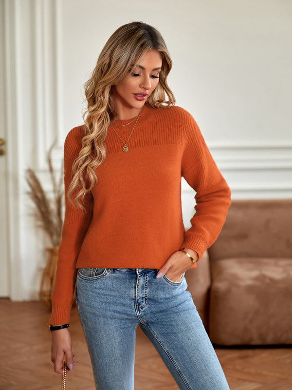Sweaters- Solid Waffle Knitted Long Sleeve Pullover Sweater- - Pekosa Women Clothing