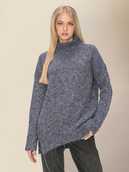 Sweaters- Spackled Wool Blend High Collar Knit Sweater for Winter- Grey- Pekosa Women Clothing