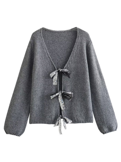 Sweaters- Sparkle Bow Cardigan | Oversized Knit Sweater- - Pekosa Women Clothing