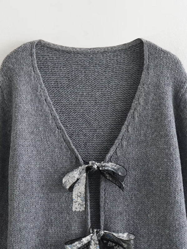 Sweaters- Sparkle Bow Cardigan | Oversized Knit Sweater- - Pekosa Women Clothing