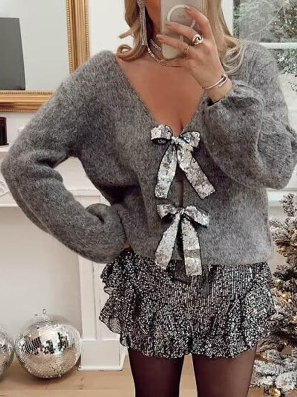 Sweaters- Sparkle Bow Cardigan | Oversized Knit Sweater- Grey- Pekosa Women Clothing