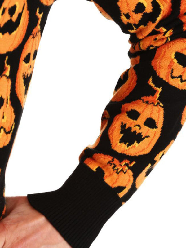 Sweaters- Spooky Halloween Ghost Face Pumpkins Knit Sweater- - Pekosa Women Clothing