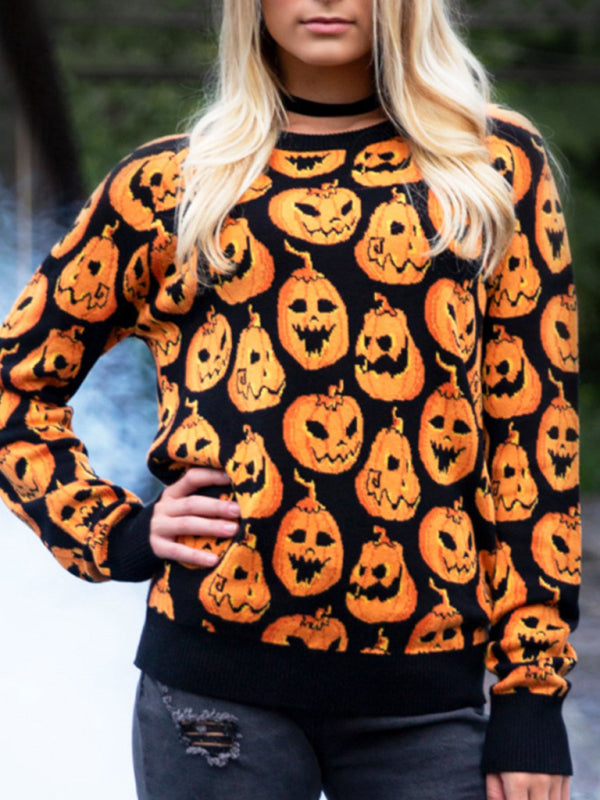 Sweaters- Spooky Halloween Ghost Face Pumpkins Knit Sweater- Black- Pekosa Women Clothing