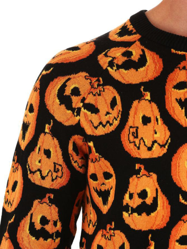 Sweaters- Spooky Halloween Ghost Face Pumpkins Knit Sweater- - Pekosa Women Clothing