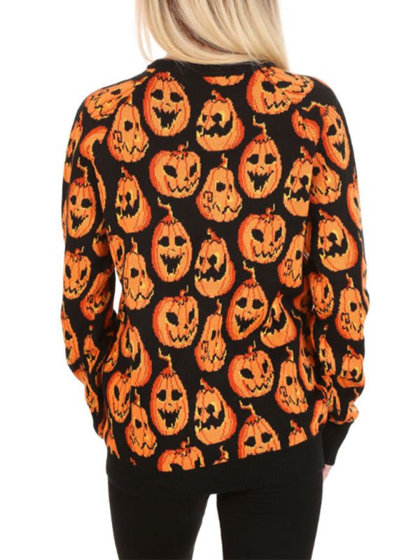 Sweaters- Spooky Halloween Ghost Face Pumpkins Knit Sweater- - Pekosa Women Clothing