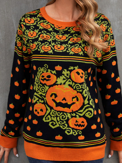 Sweaters- Spooky Halloween Knitted Colorful Pumpkins Sweater- - Pekosa Women Clothing