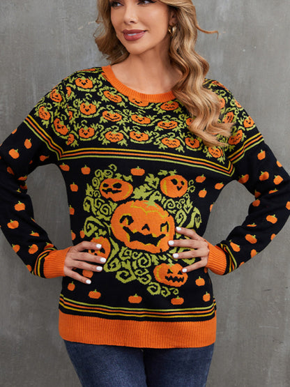 Sweaters- Spooky Halloween Knitted Colorful Pumpkins Sweater- - Pekosa Women Clothing