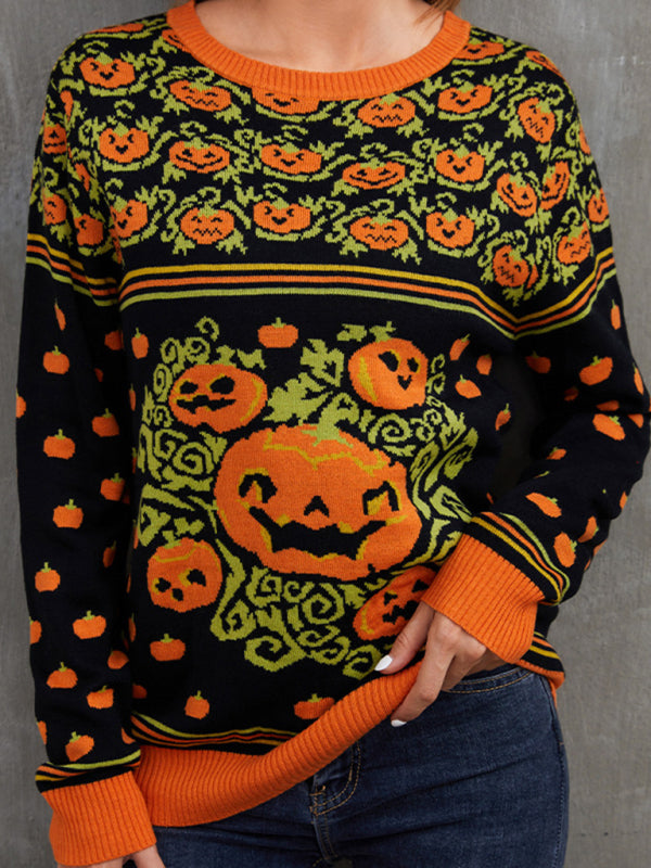 Sweaters- Spooky Halloween Knitted Colorful Pumpkins Sweater- Black- Pekosa Women Clothing