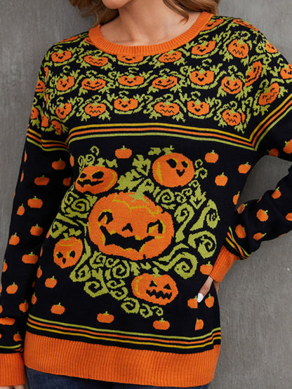 Sweaters- Spooky Halloween Knitted Colorful Pumpkins Sweater- - Pekosa Women Clothing