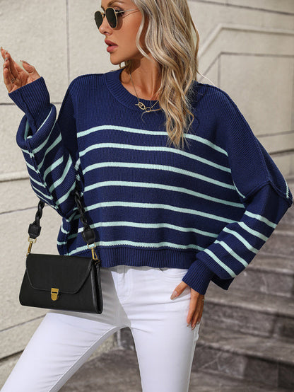 Sweaters- Stripe Crop Sweater - Women's Knitwear Round Ribbed Top- Navy Blue- Pekosa Women Clothing