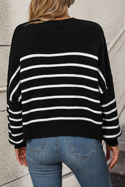 Sweaters- Stripe Crop Sweater - Women's Knitwear Round Ribbed Top- - Pekosa Women Clothing