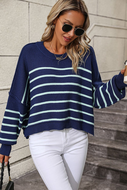 Sweaters- Stripe Crop Sweater - Women's Knitwear Round Ribbed Top- - Pekosa Women Clothing