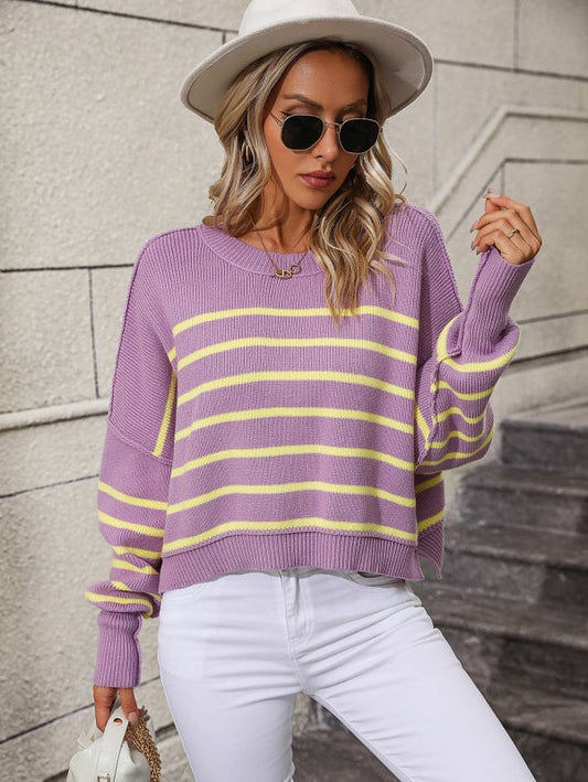 Sweaters- Stripe Crop Sweater - Women's Knitwear Round Ribbed Top- Purple- Pekosa Women Clothing