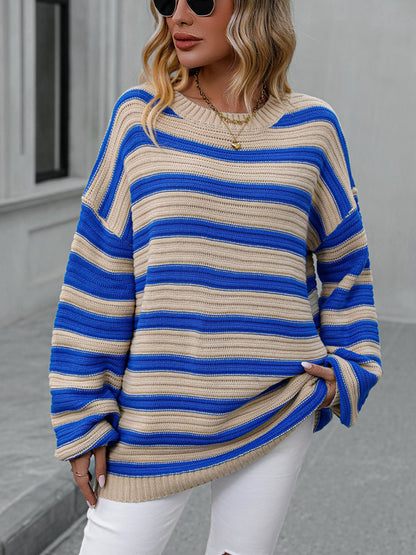 Sweaters- Stripe Knit Lantern Sleeve Oversized Sweater Jumper- Cracker khaki- Pekosa Women Clothing