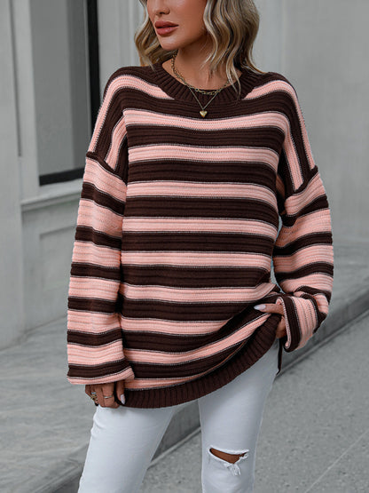 Sweaters- Stripe Knit Lantern Sleeve Oversized Sweater Jumper- Coffee- Pekosa Women Clothing