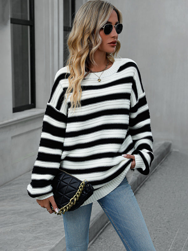 Sweaters- Stripe Knit Lantern Sleeve Oversized Sweater Jumper- - Pekosa Women Clothing