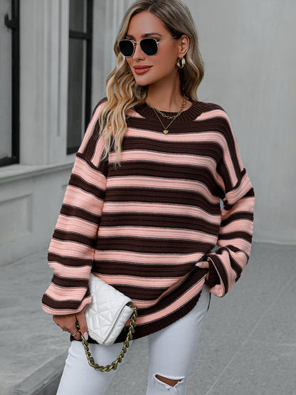 Sweaters- Stripe Knit Lantern Sleeve Oversized Sweater Jumper- - Pekosa Women Clothing