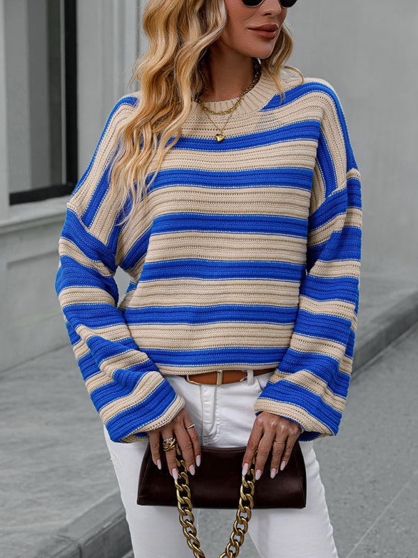 Sweaters- Stripe Knit Lantern Sleeve Oversized Sweater Jumper- - Pekosa Women Clothing